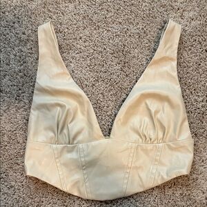 Cream Satin V-Neck Crop Top